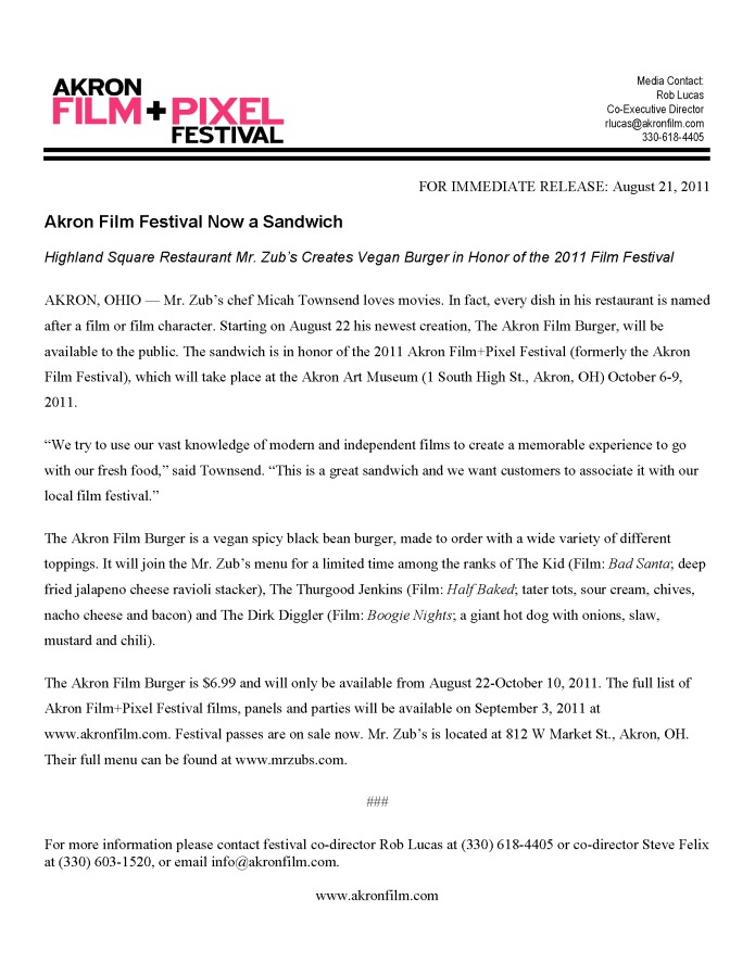 2011 Akron Film+Pixel Festival Partnership with Mr. Zub's News Release